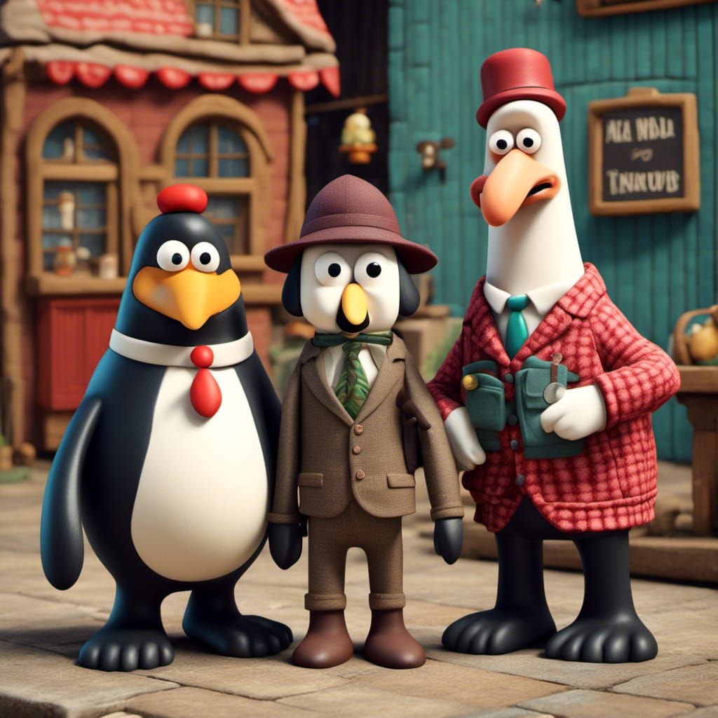 Wallace, Gromit, and Penguin in Stylized Art