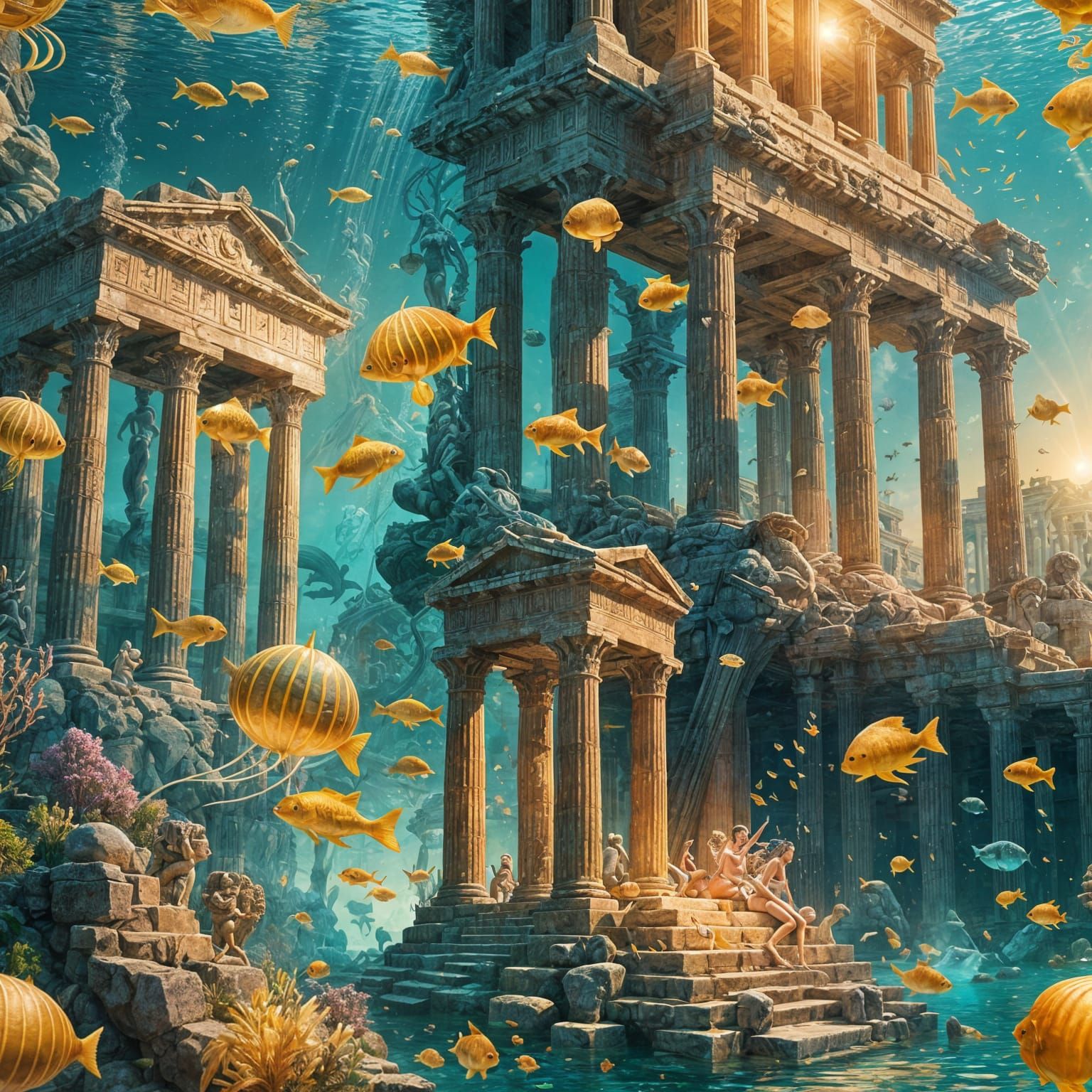 Mythical Underwater City with Mermaids and Sirens