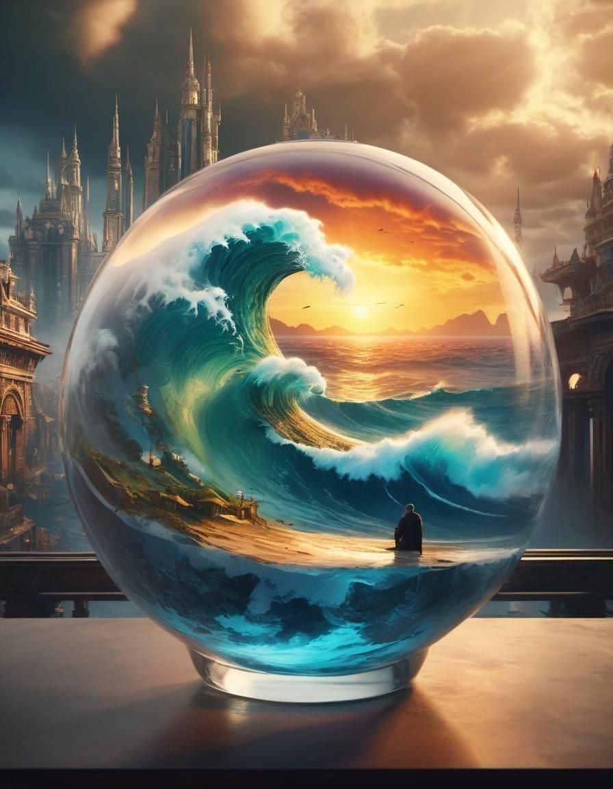 Ocean waves fantasy at sunset in a glass ball