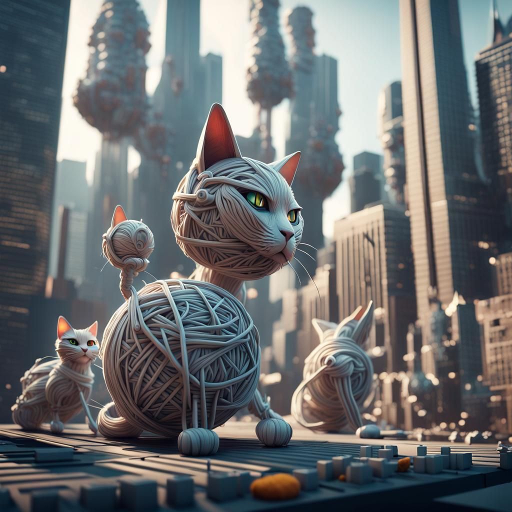 Futuristic Cat Cityscape with Rebellious Cats in Sci-Fi Styl...