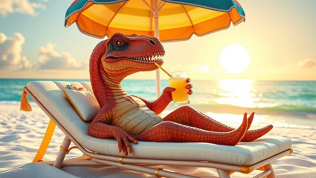 Photorealistic 3D digital art. Medium shot. A dinosaur sits ...