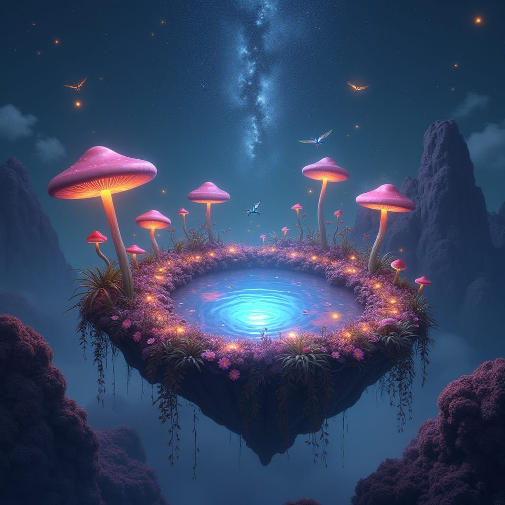 Luminescent Floating Island in Starry Sky