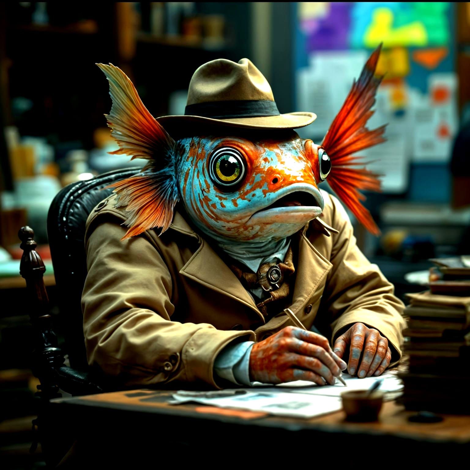 Fish in Trench Coat at Desk: Hyperrealistic Splash Art