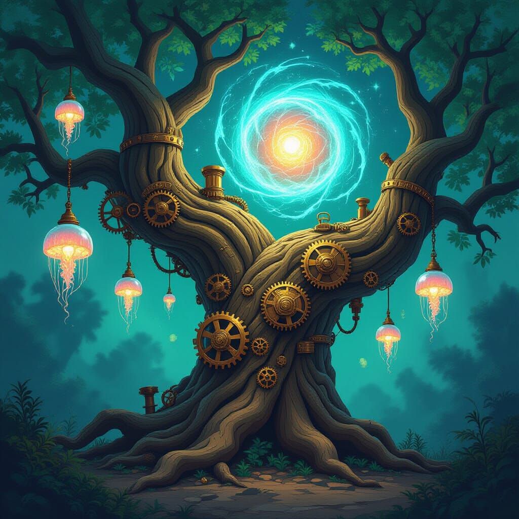 Steampunk Tree with Cosmic Vortex and Bioluminescent Jellyfi...