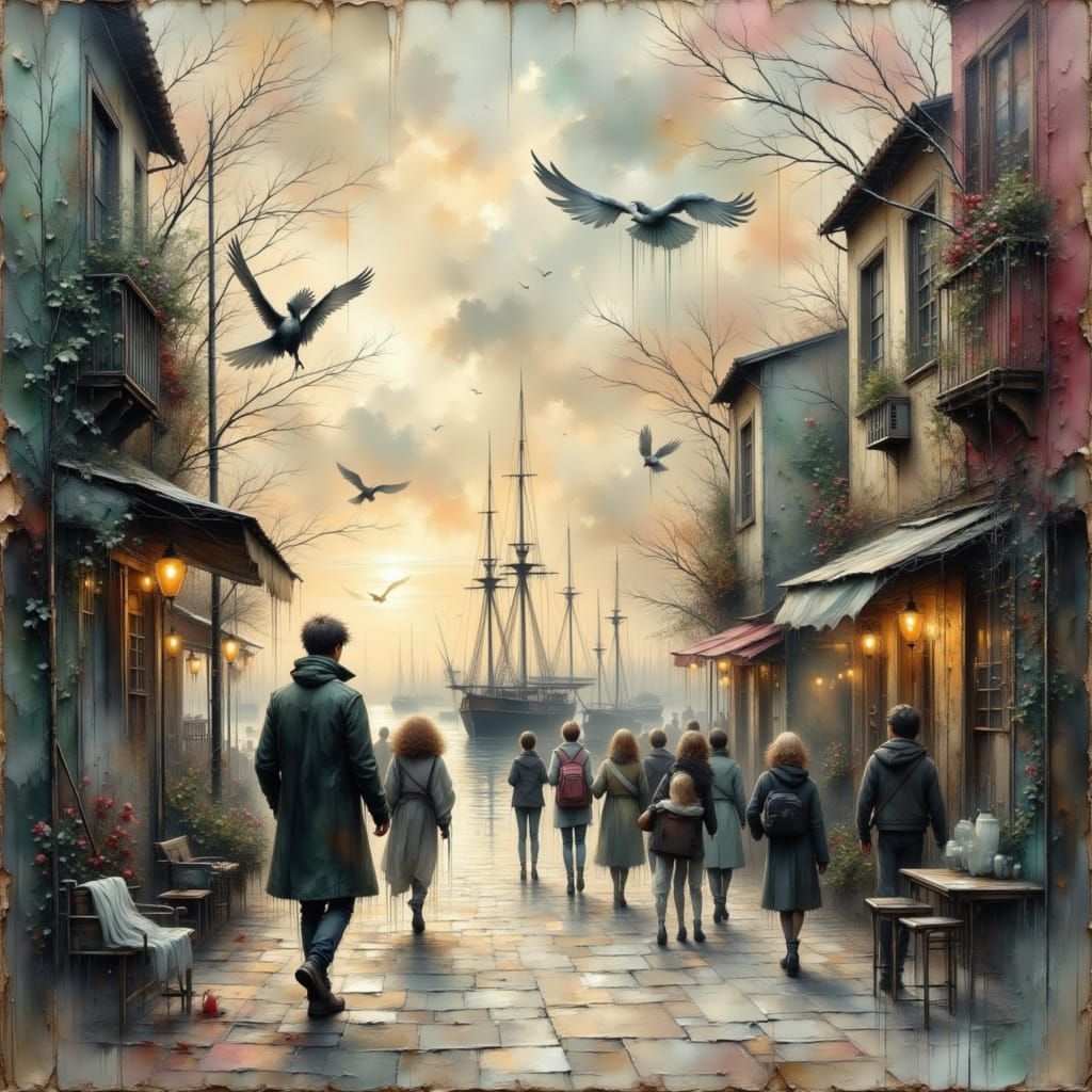 Ethereal City Dusk with Gay Man and Angels