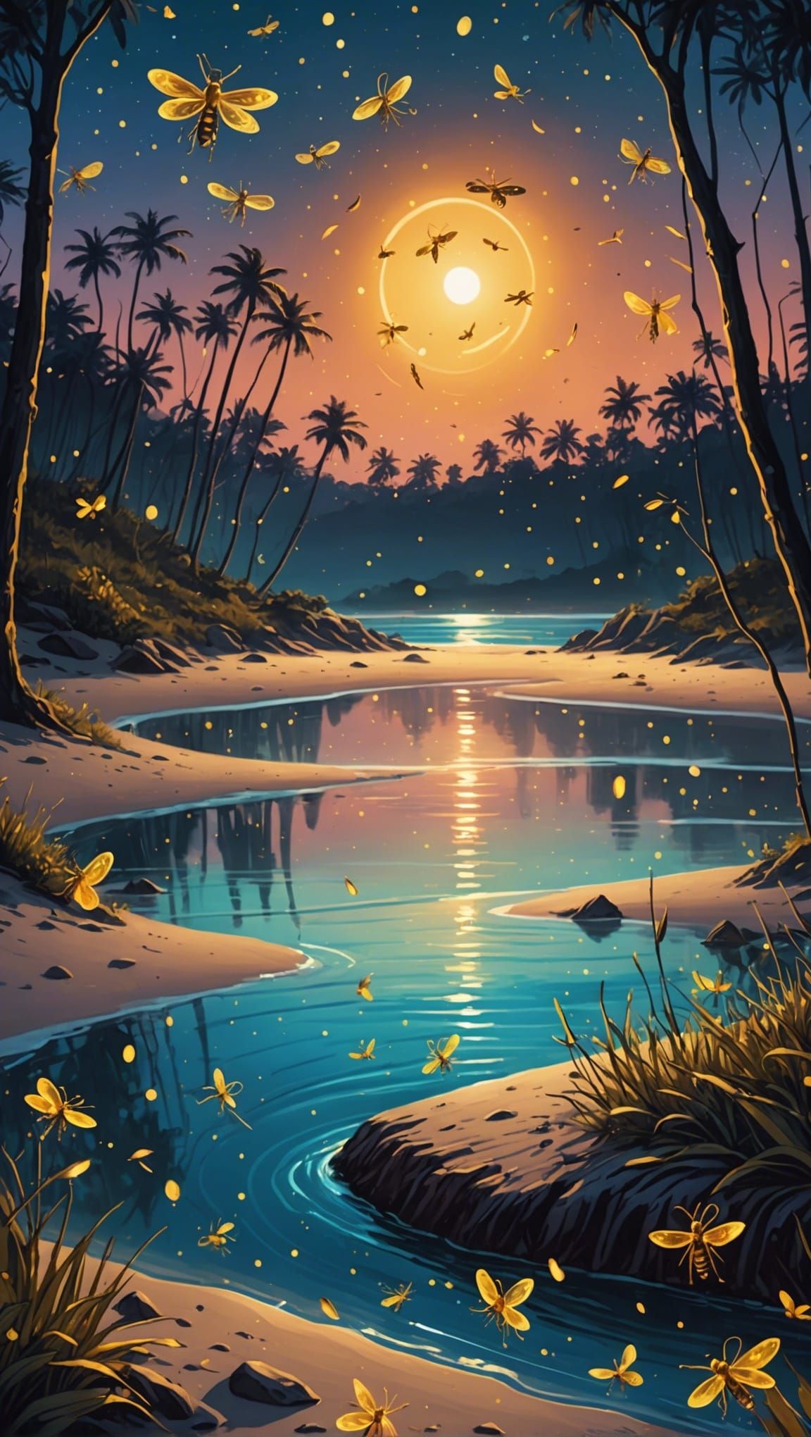 Golden Fireflies Swarm Over Beach at Dusk