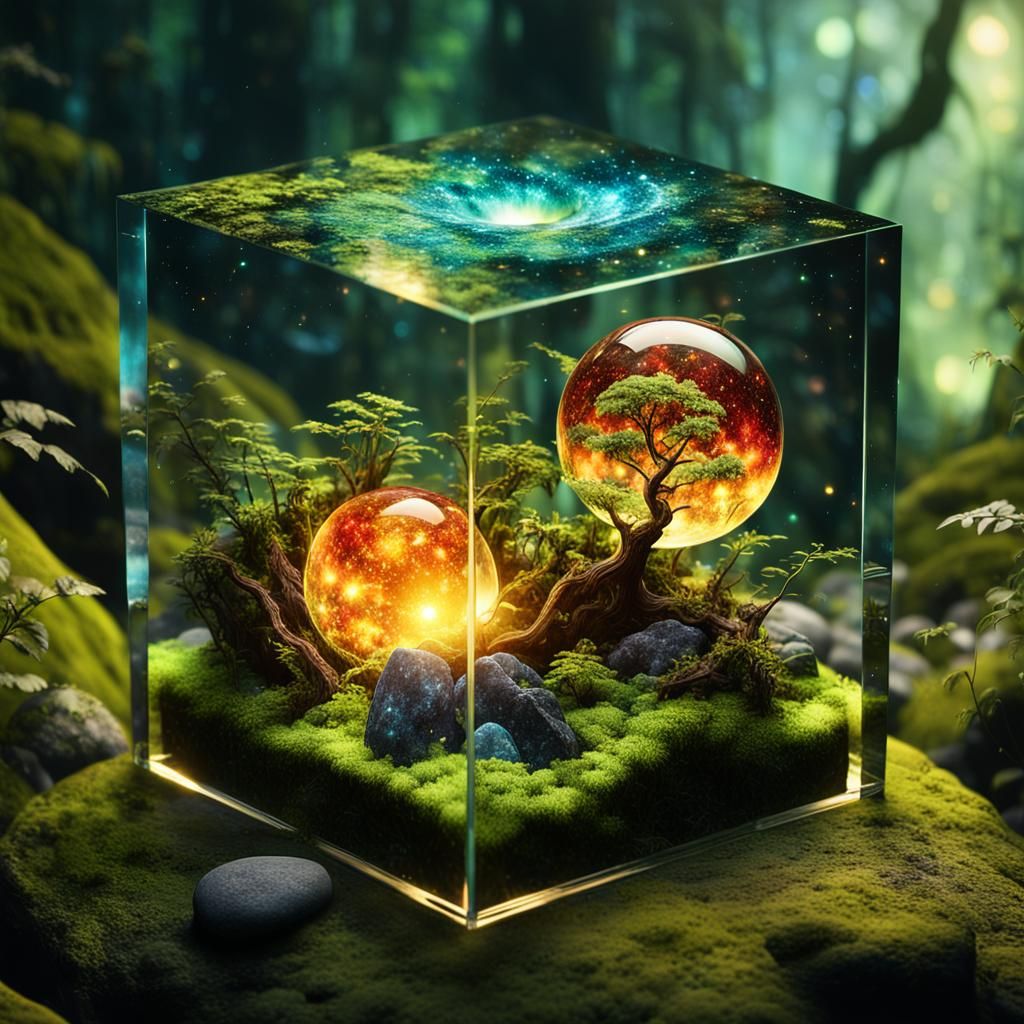 Glass Cube Containing a Broken Planet in Galaxy Forest