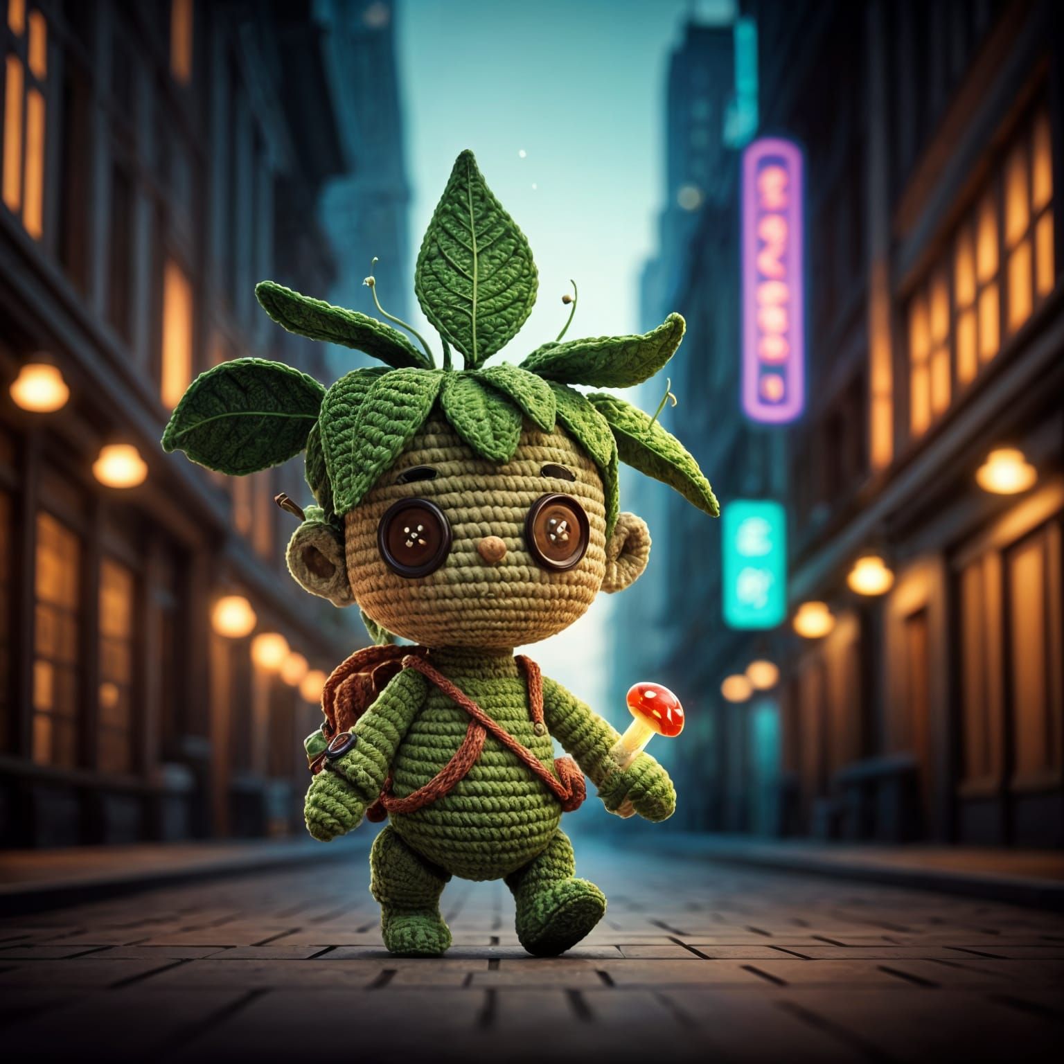 Crocheted Plant Child in City, 3D Render