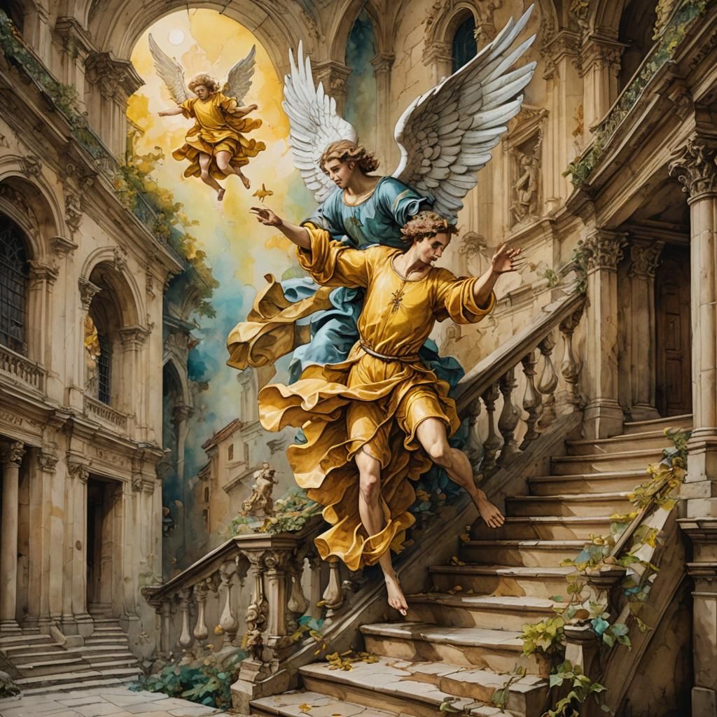 Guardian Angel Saves Man: Baroque Storybook Illustration