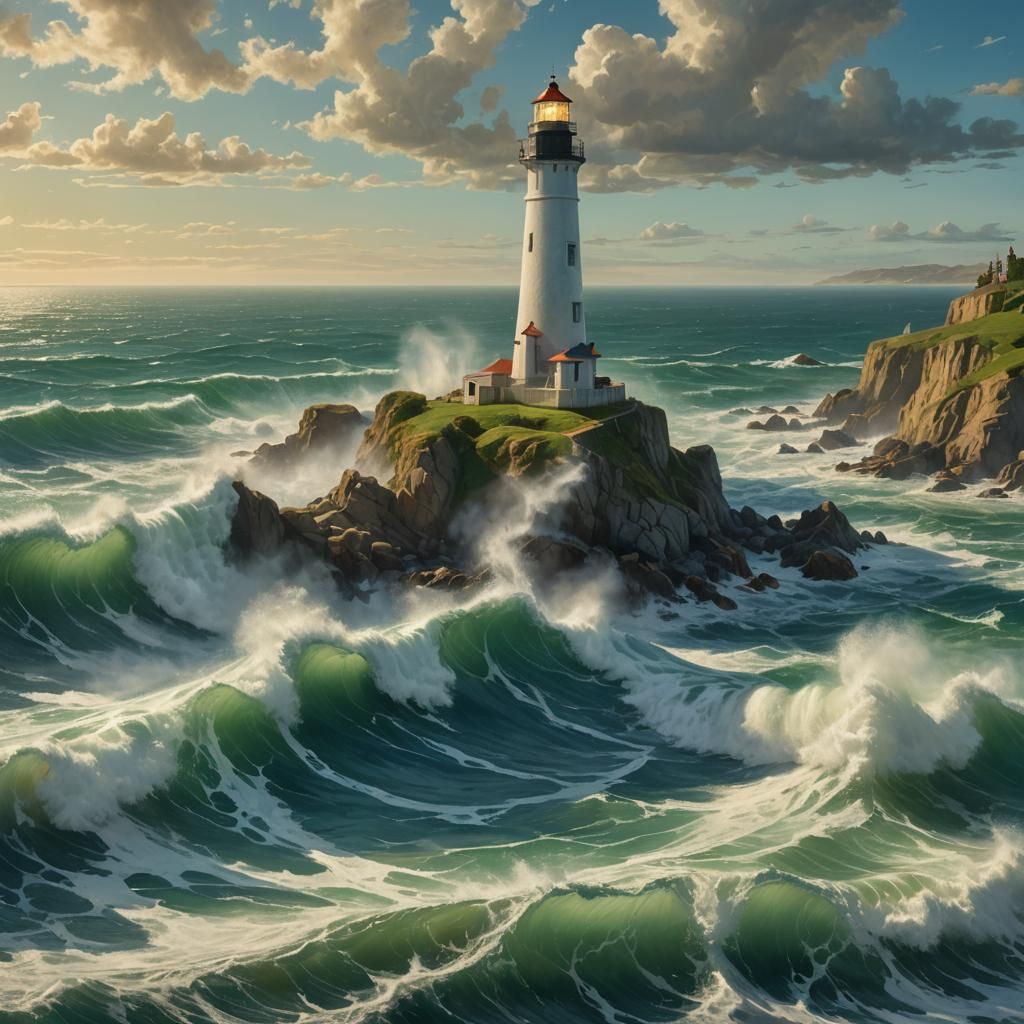 Pre-Raphaelite Lighthouse in Pointillist and Comic Art Style