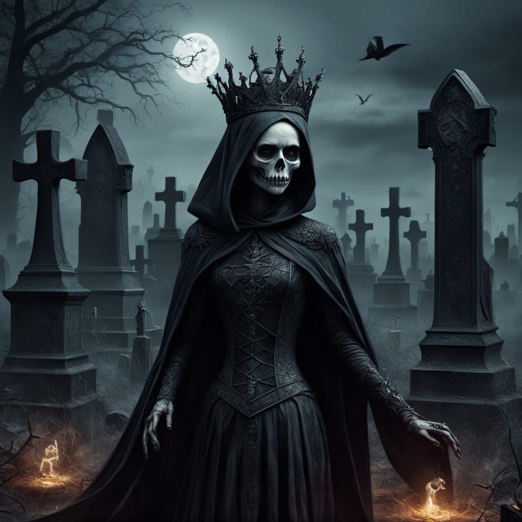 Queen of Death Dances with Macabre Figure in Gloomy Graveyar...