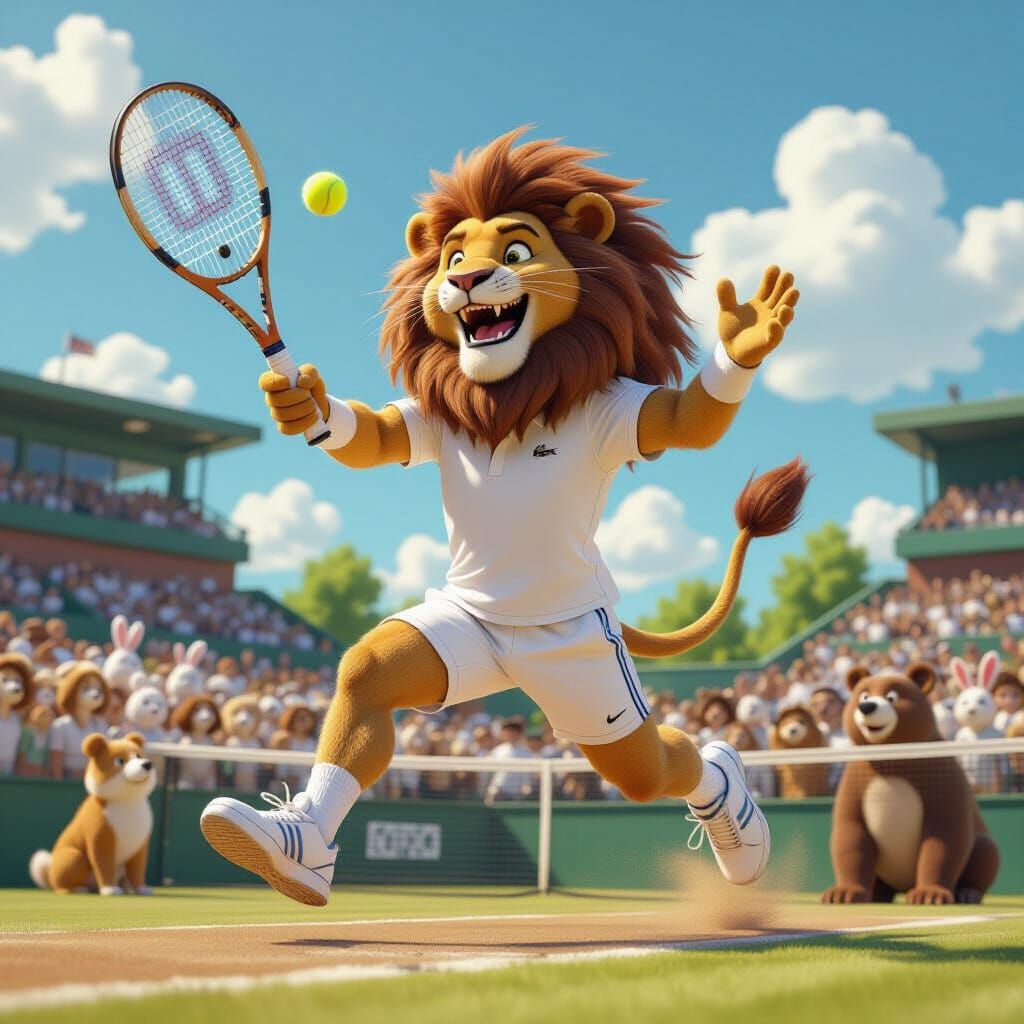 Lion Playing Tennis at Wimbledon in 3D Style