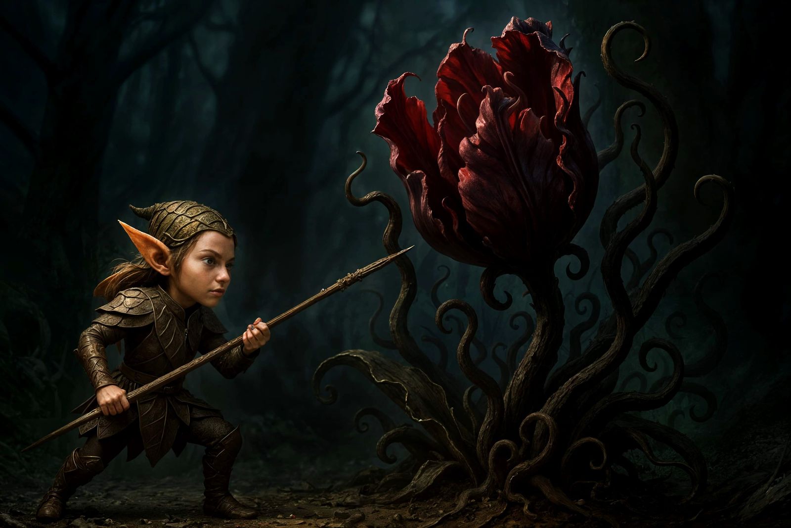Elven Warrior Confronts Monstrous Tulip in Enchanted Forest