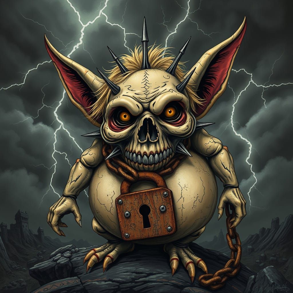 A Grotesque Gremlin Adorned with Sugar Skull and Metal Spike...