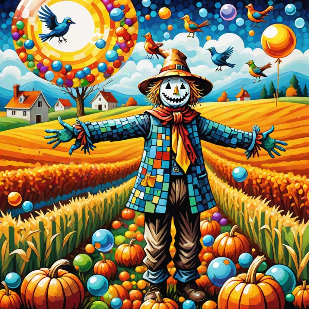 Whimsical Mosaic Scarecrow in Vibrant Fall Field