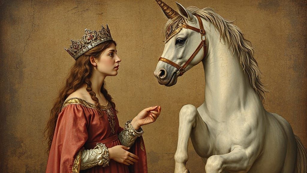 Maiden and Unicorn in Ancient Medieval Painting Style