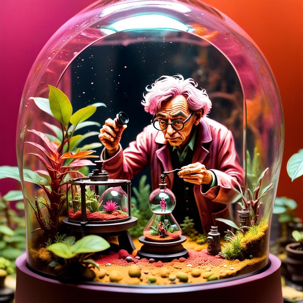 Miniature People in Terrarium, Hyperrealistic Art Deco