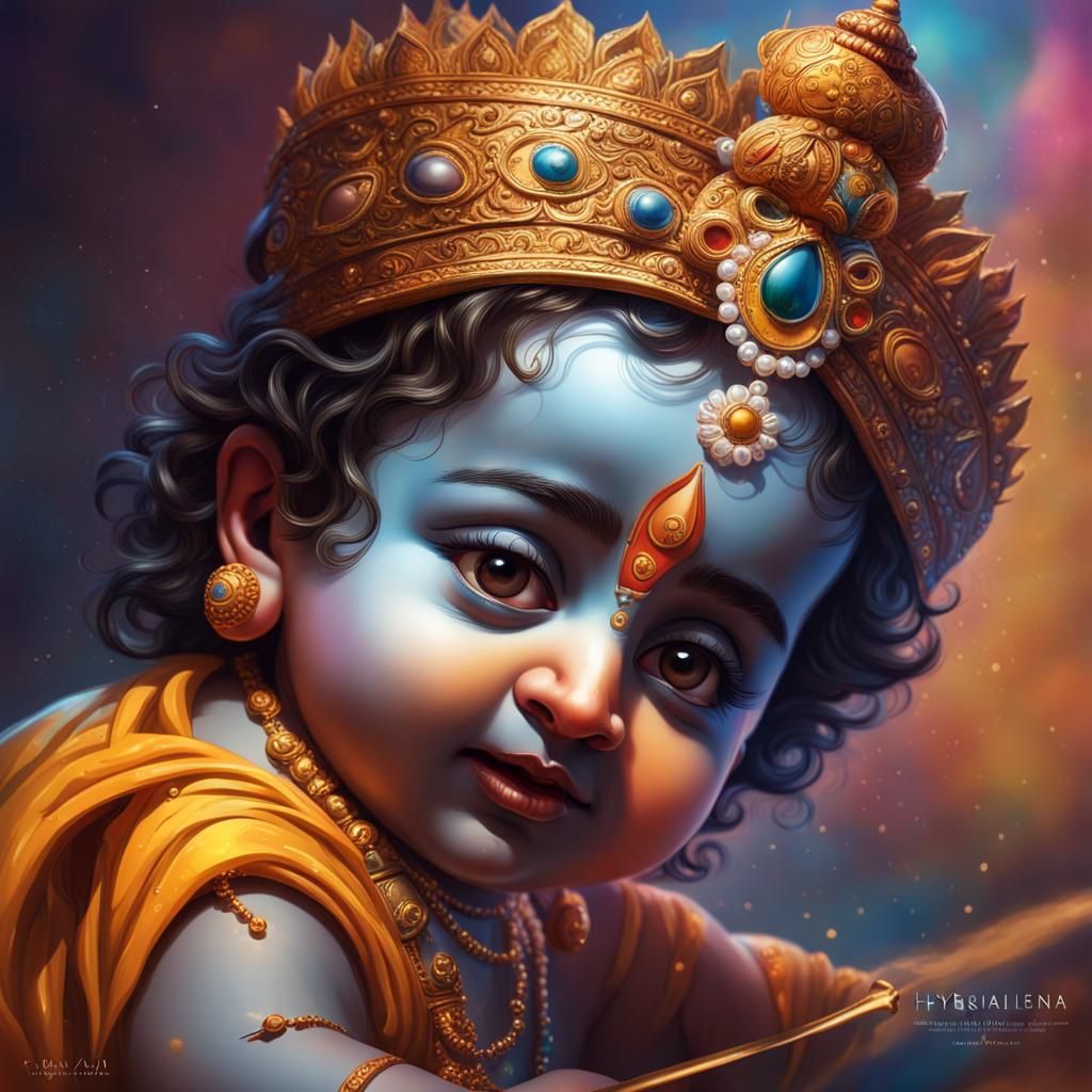 Hyperrealistic Baby Krishna Portrait in Splash Art Style