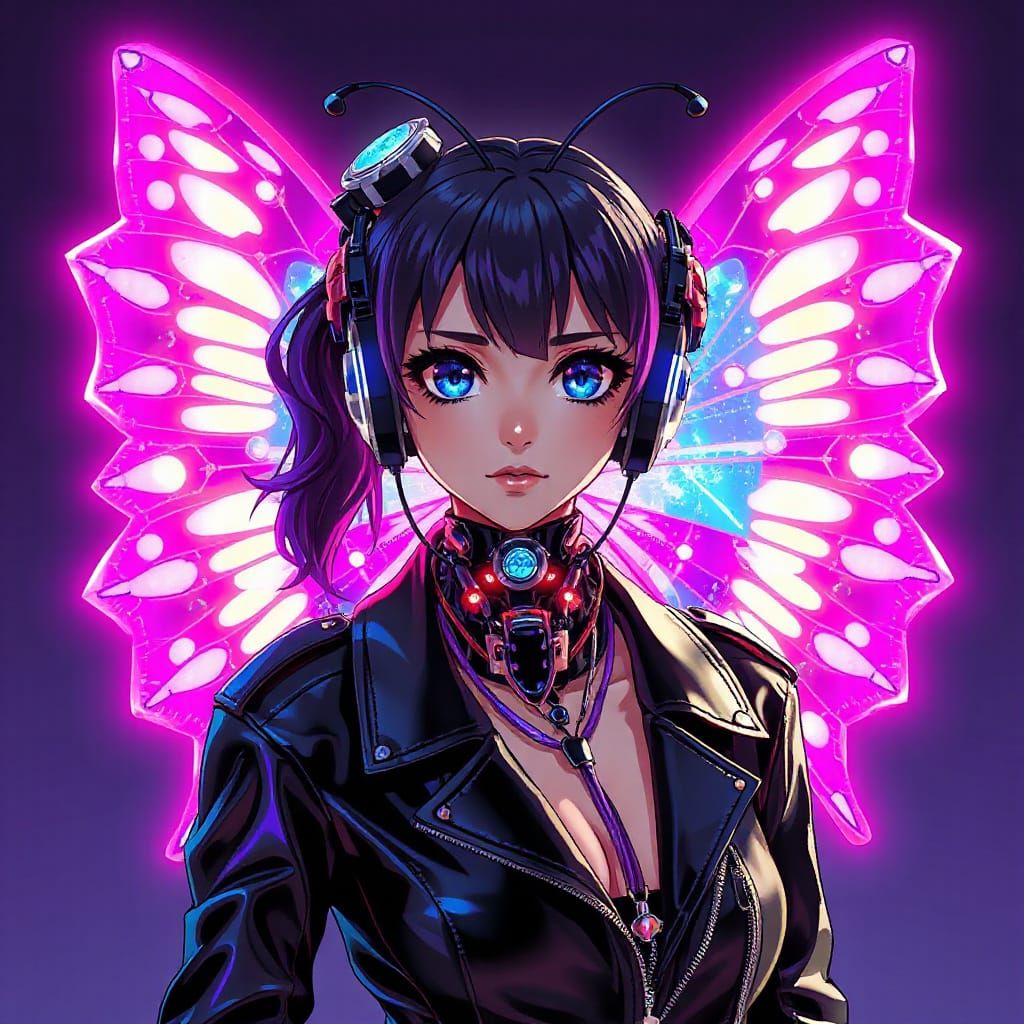 Cyborg Butterfly Woman in Neon Circuitry