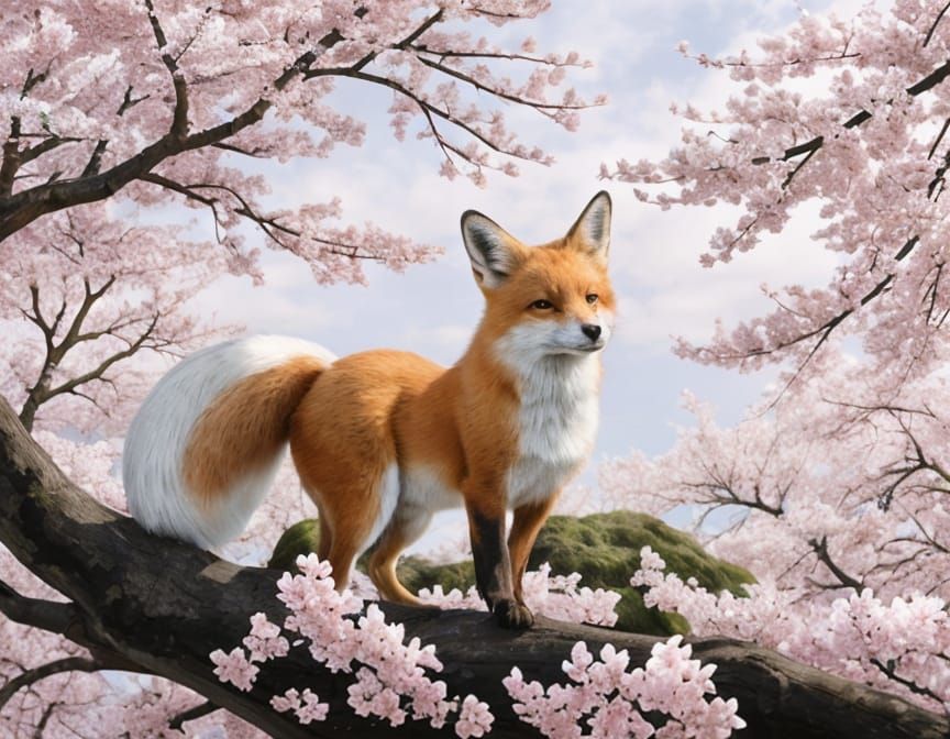 Ephemeral Fox Spirit in Sakura Tree