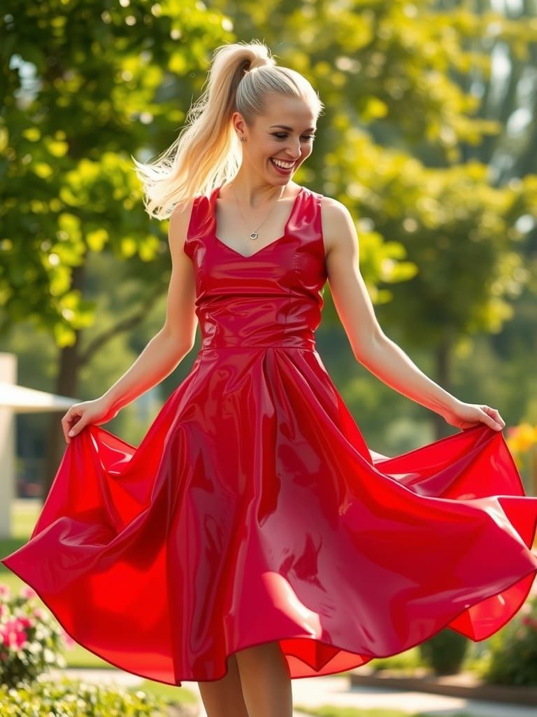 Woman in Red PVC Dress Dancing Outdoors