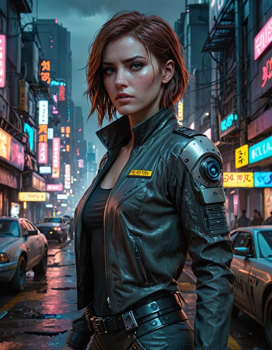 Cyberpunk Detective Investigates Crime Scene in Neon City