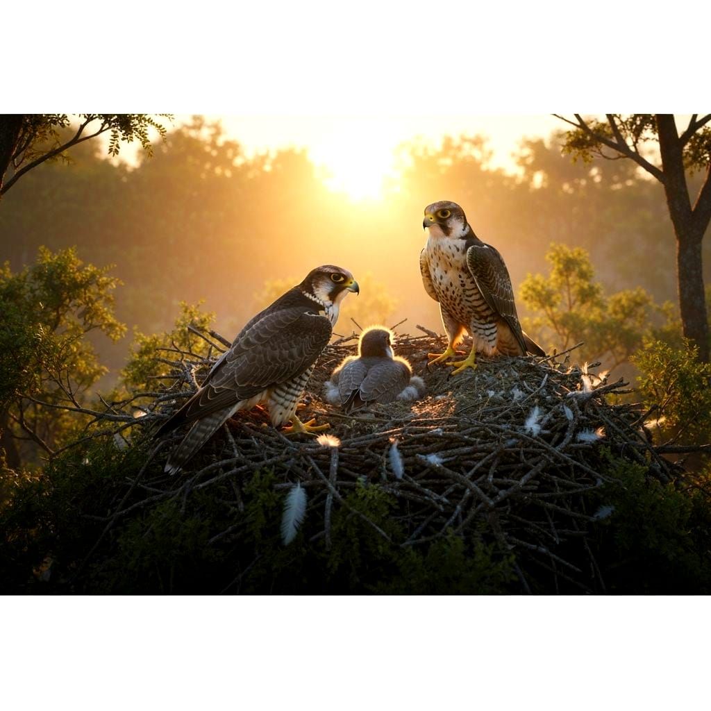 Falcons Protecting Chicks at Sunrise: Matte Painting