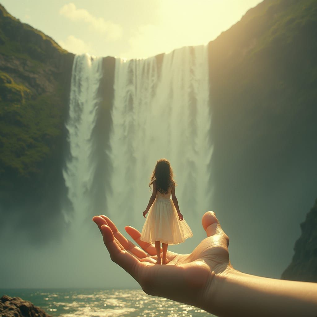 Girl on Giant Hand with Waterfall in Hyperrealism