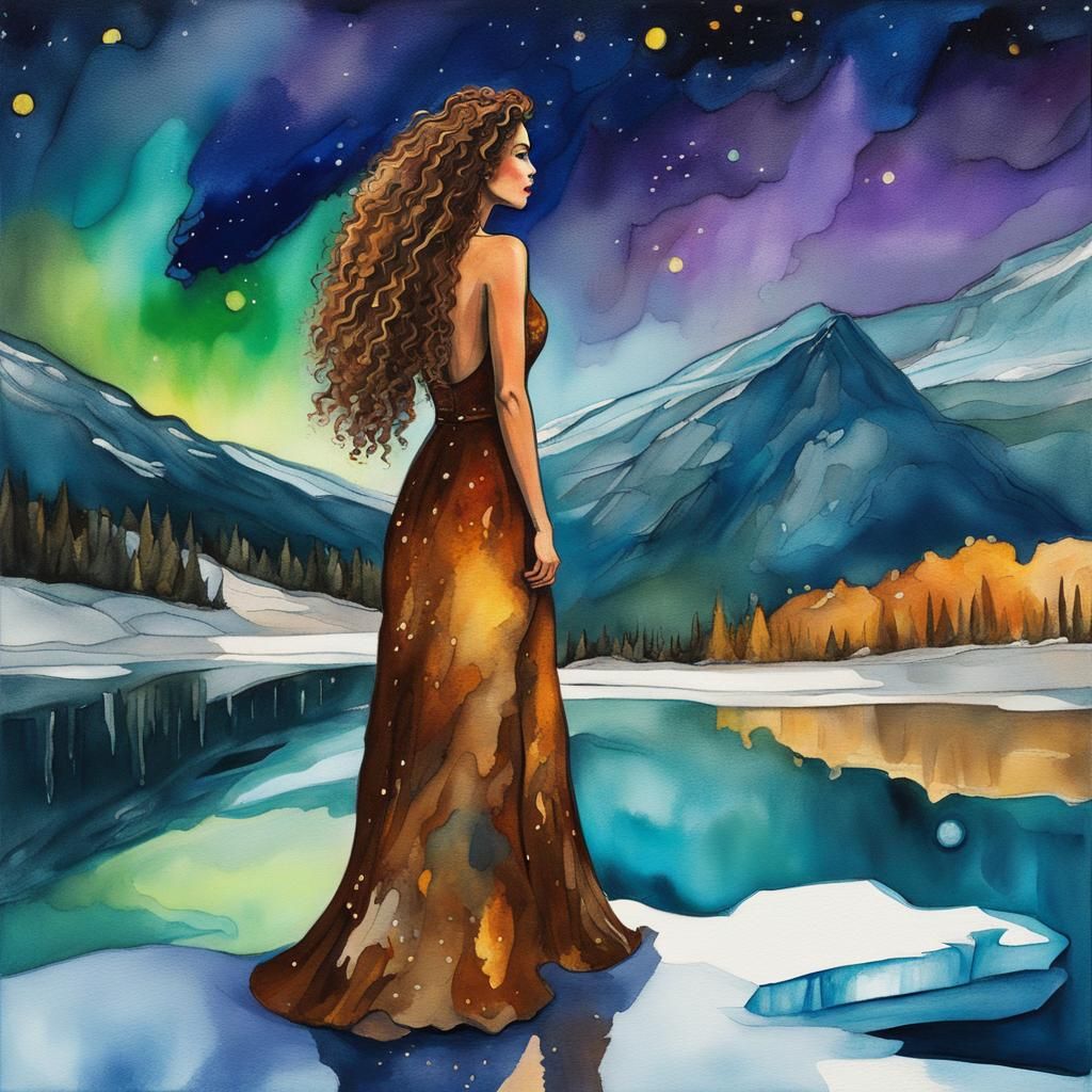 Woman by Frozen Lake Under Aurora, in Gouache Style