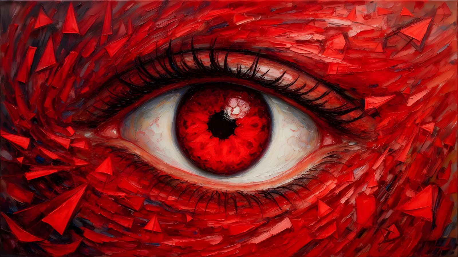 Giant Red Eye with Chaotic Hurricane in Gouache Style