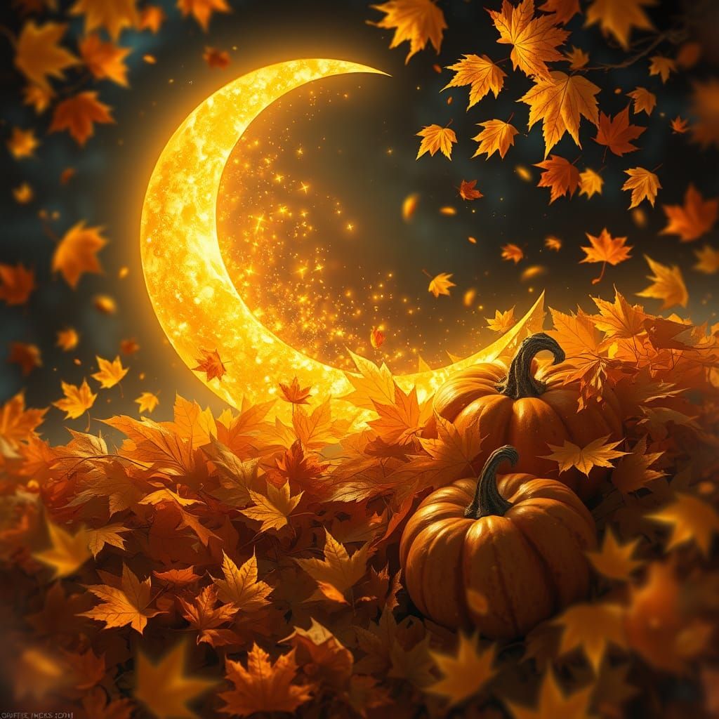 Autumnal Crescent Moon Filled with Stars and Leaves