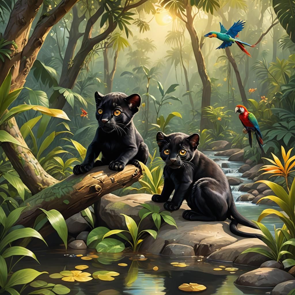 Adorable Black Panther Cub in Tropical Forest