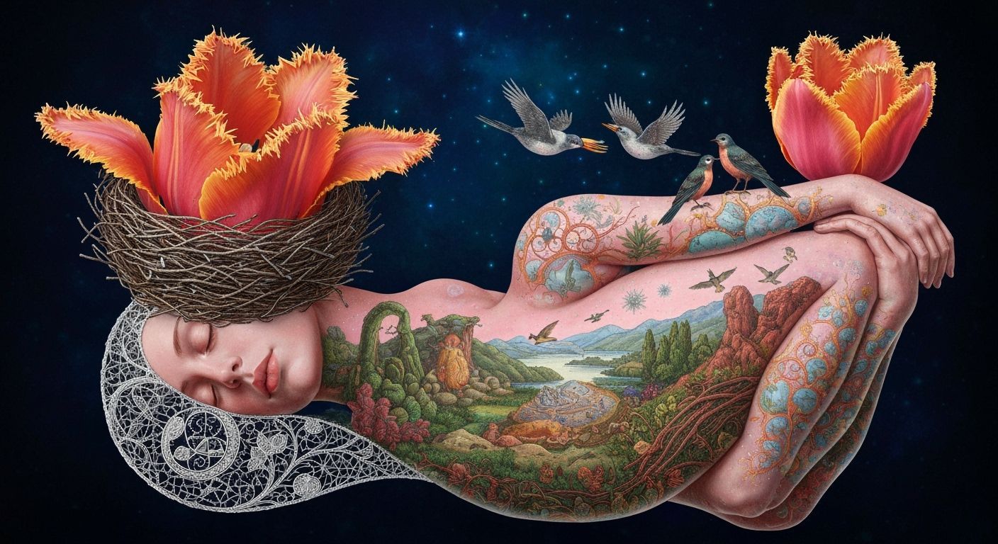 Surreal Nature Connection: Woman Carrying Star Nest