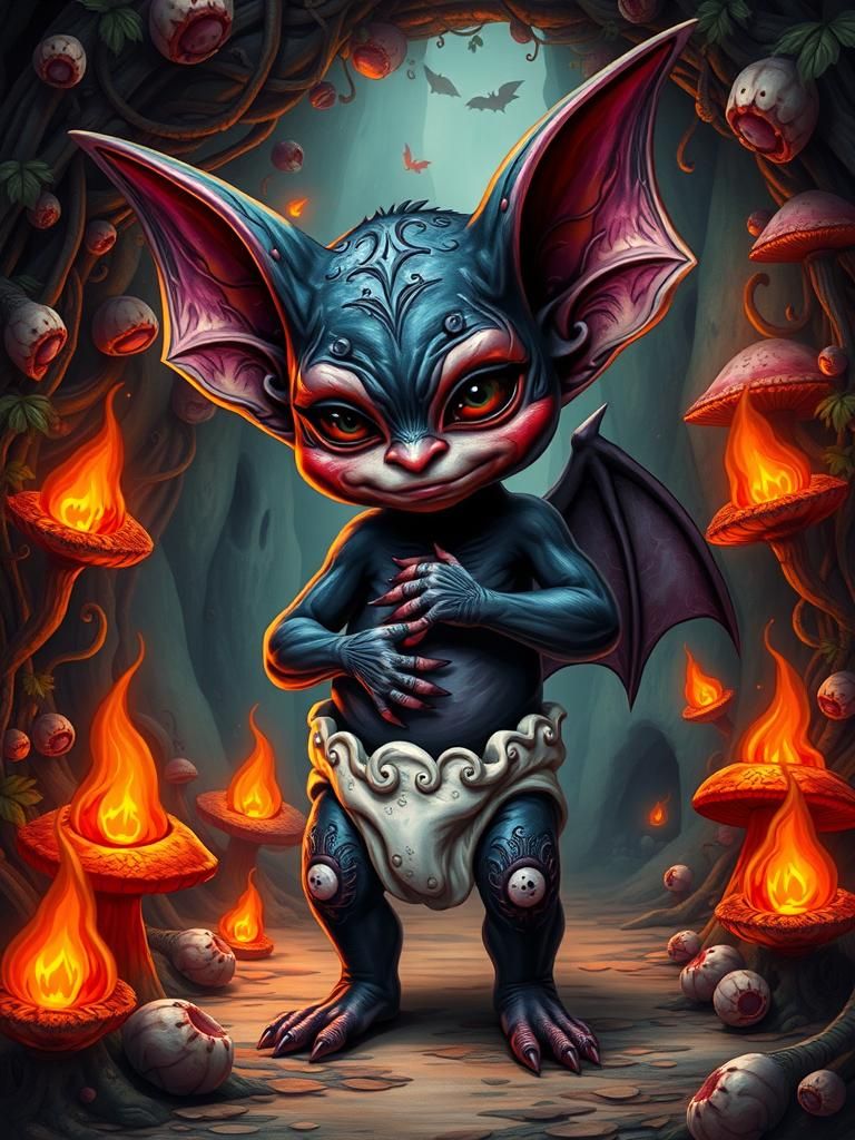 Baby Bat-Human Hybrid in Whimsical Cave, Digital Art
