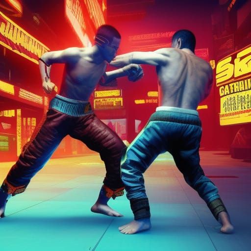 Cyberpunk Muay Thai Roundhouse Kick in Neon City