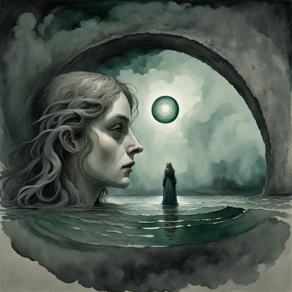 Watery Watercolor Circle with Woman in Horror Style
