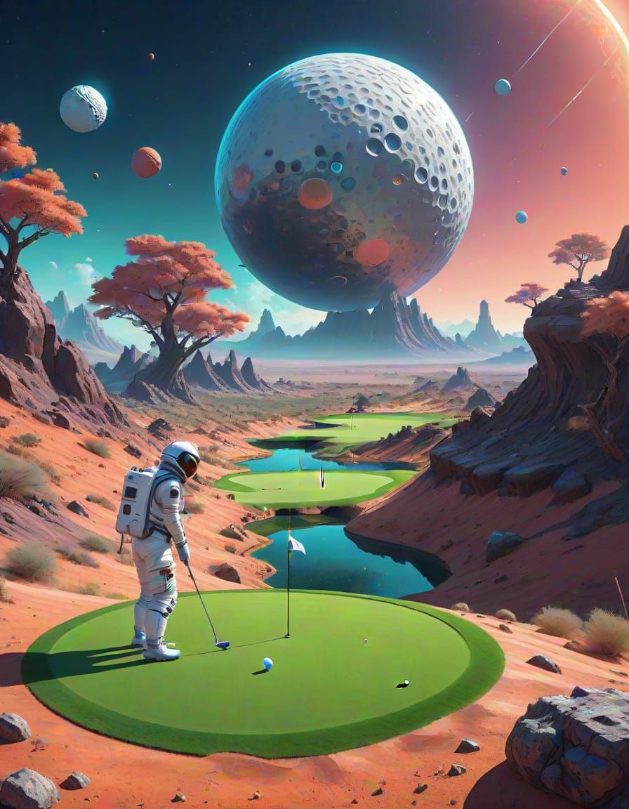 Astronauts Tee Off on a Distant, Vibrant Golf Course