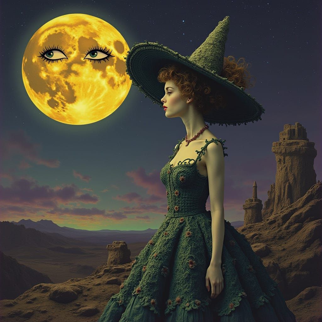 Surreal Goddess Rises with Winking Moon in Muted Colors