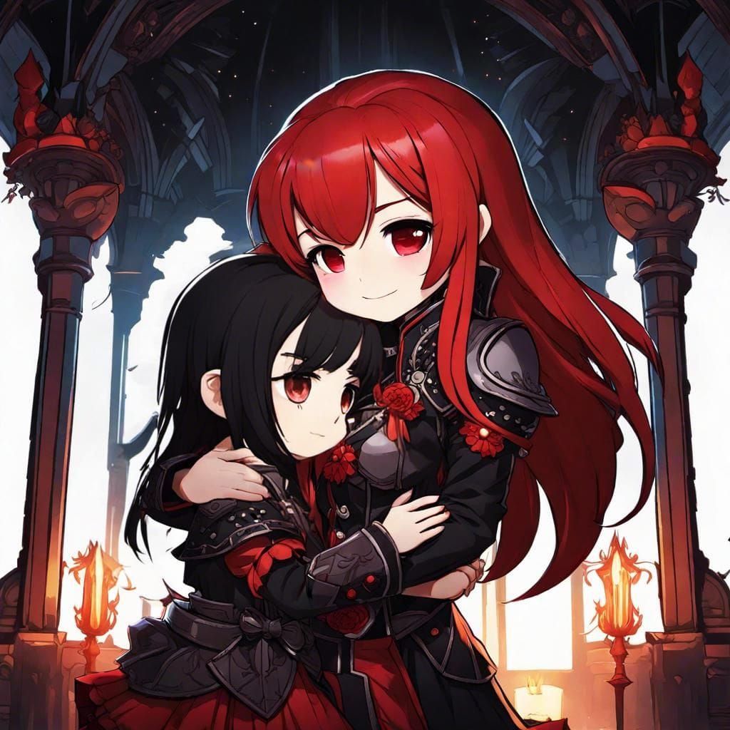 Chibi Girls Hugging in Auroracore Style