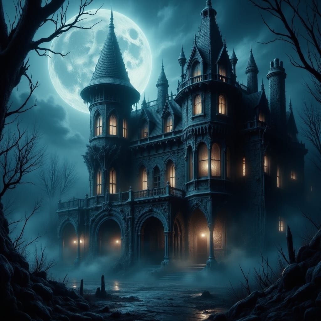 <lora:-Omnious-:1.0> Haunted Victorian  House  ,ghostly skel...
