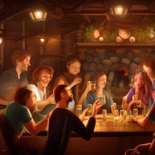 Friends in Traditional Bar: Detailed Matte Painting