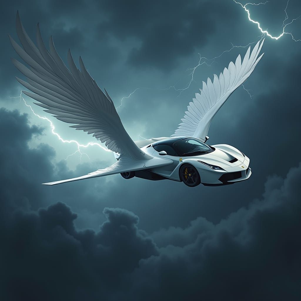 White Ferrari Soars Through Thunderous Black Clouds in Fanta...