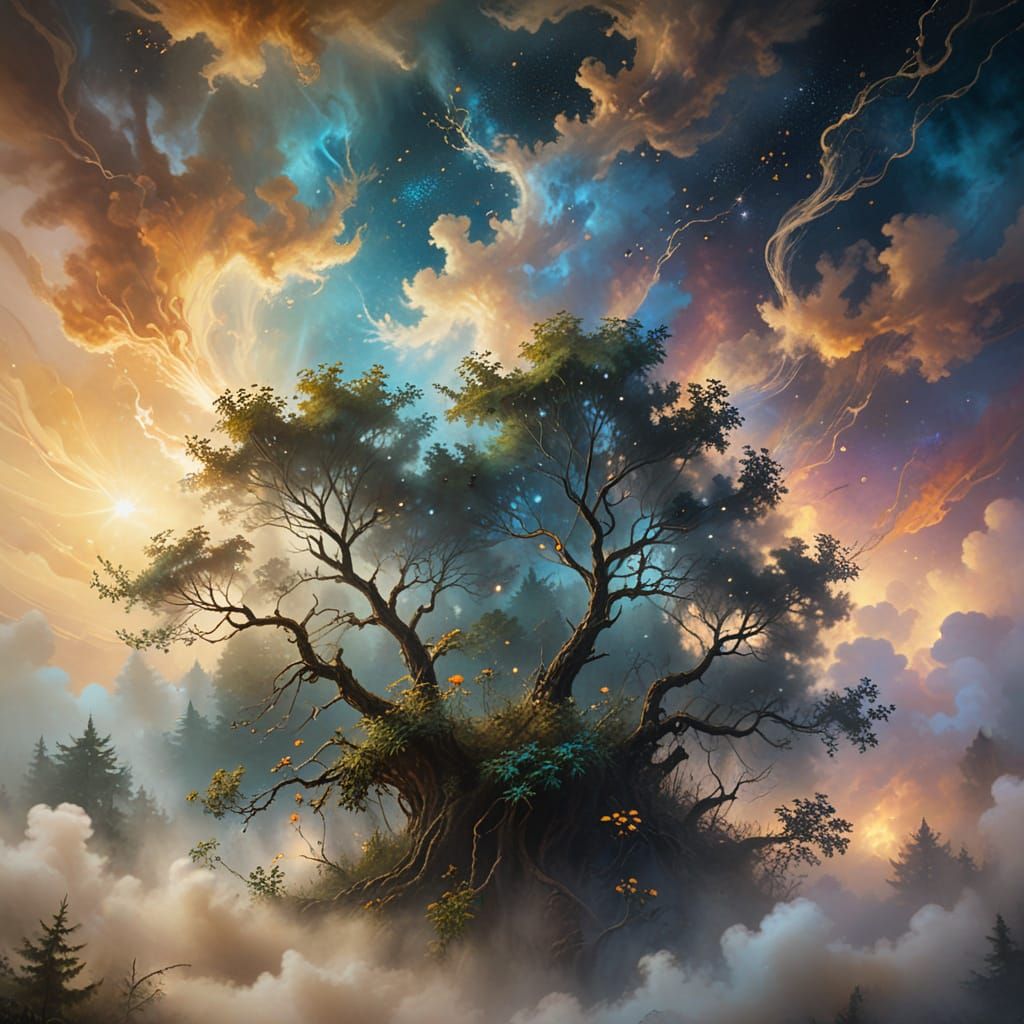 Cosmos Rising from Forest Mist as Oil Painting