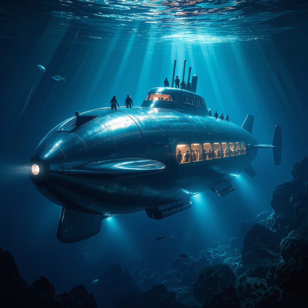 Massive Silver Submarine in Bioluminescent Ocean Depths