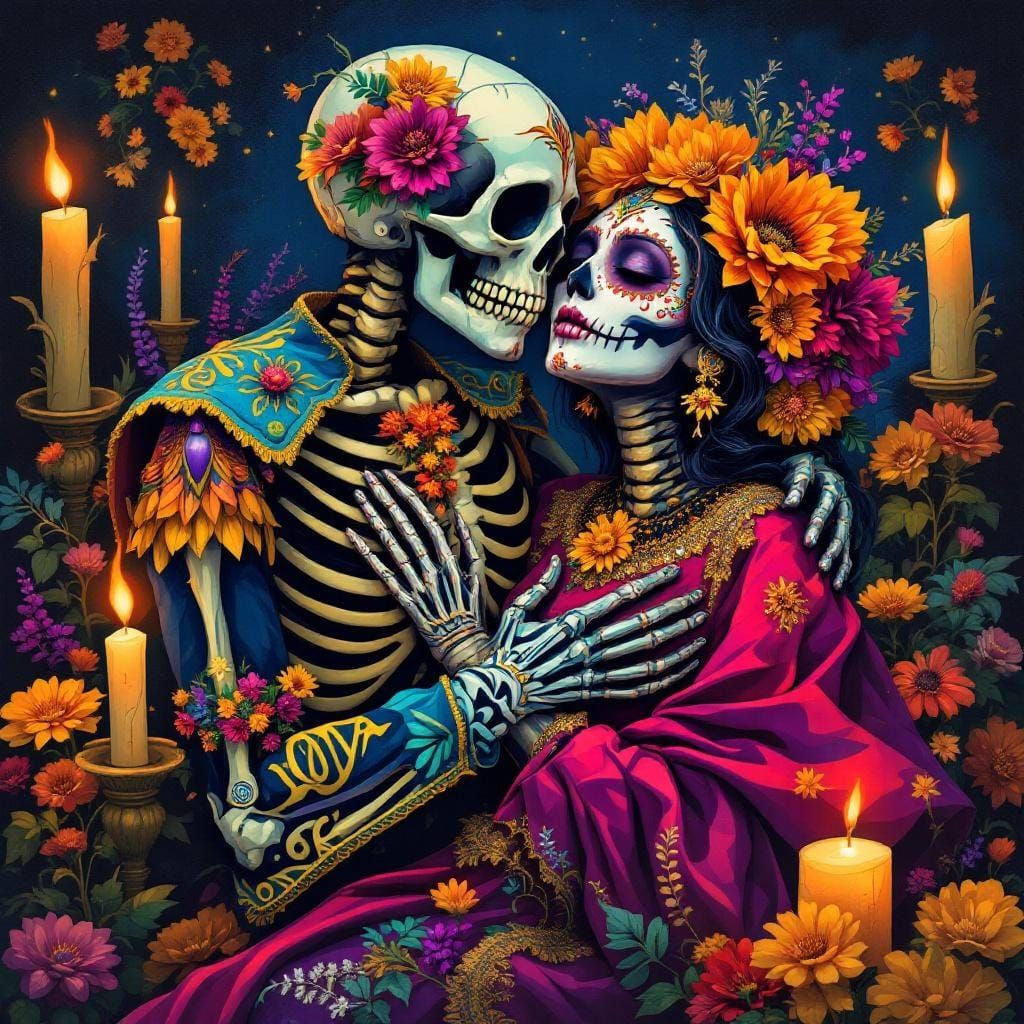 Day of the Dead Skeleton Couple Embrace