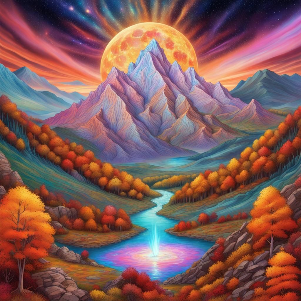 Holographic Autumn Mountains Birthday Cake Illustration
