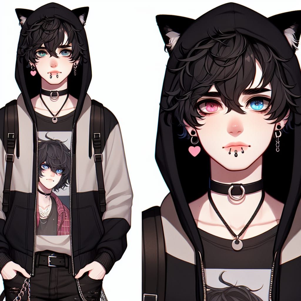 Grunge Fashion Anime Style Young Man with Cat Ears