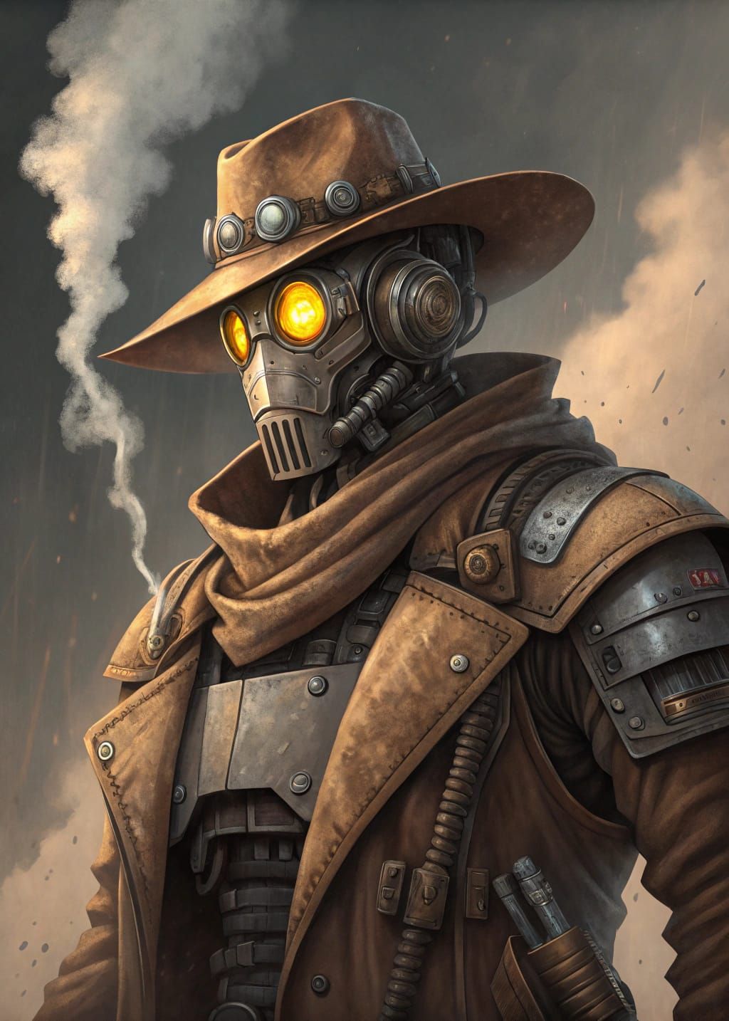 A colossal, mechanized cowboy stands imposingly, its helmete...