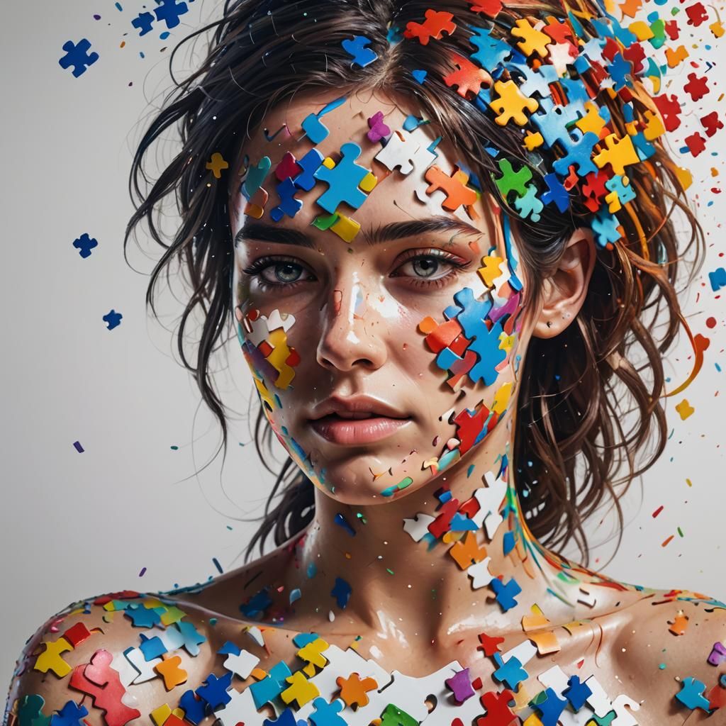 Puzzle Piece Woman with Rainbow Splatter Paint