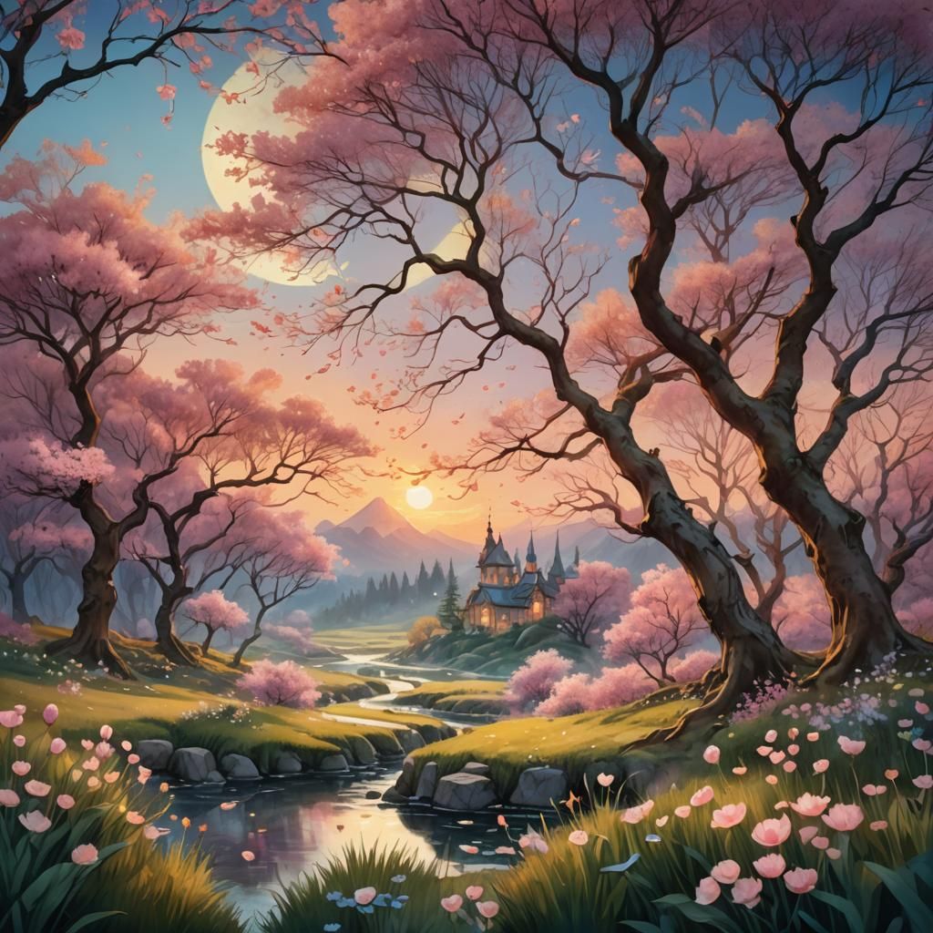 Spring Landscape Sunset in Watercolor Style